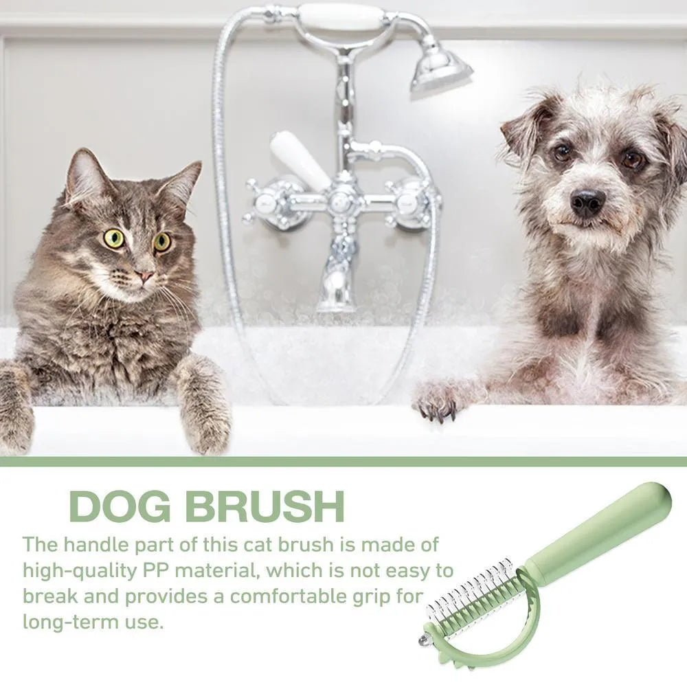 Blue dinosaur-shaped cat brush with double-sided grooming heads and self-cleaning button