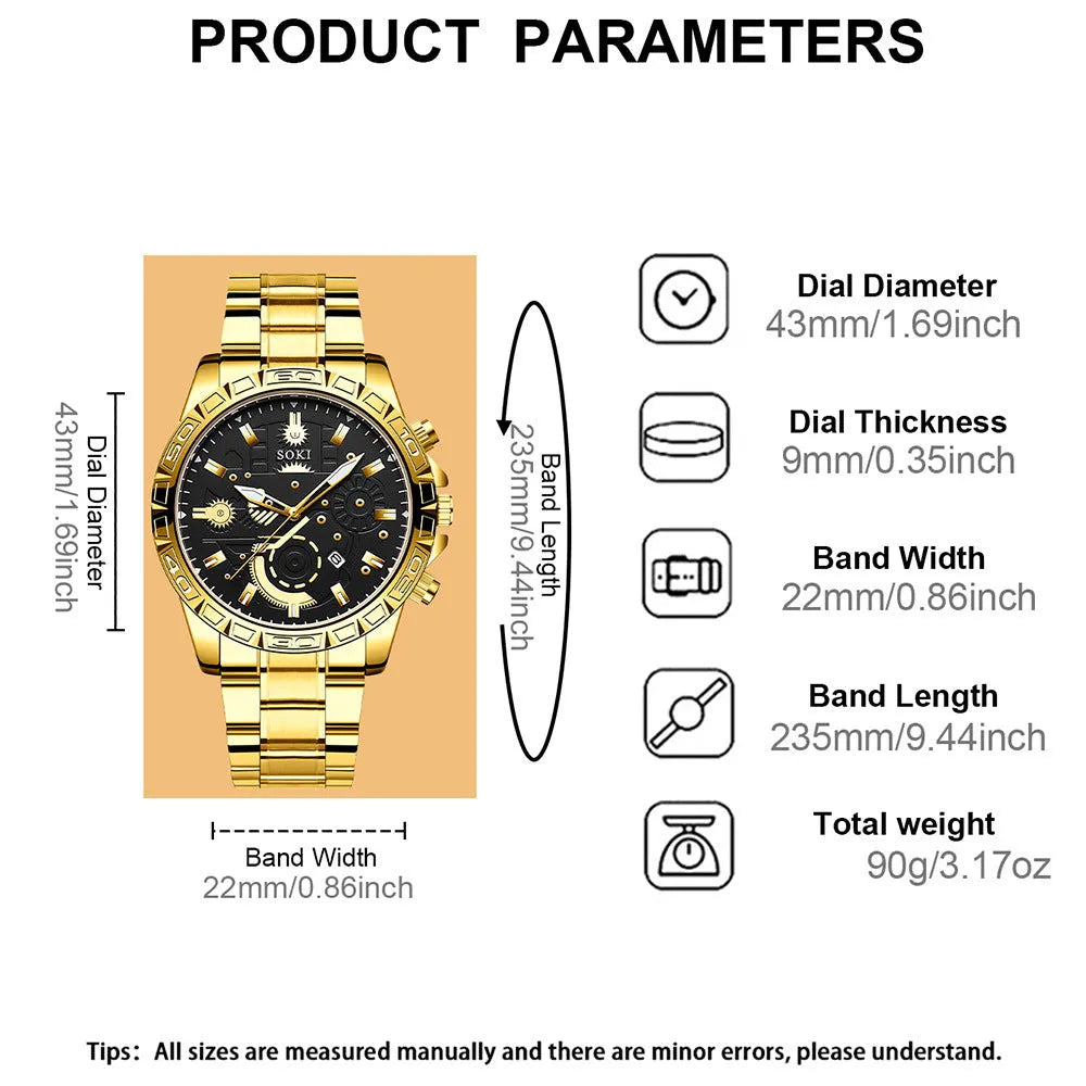 Gold men's business watch with stainless steel strap showing spiral crown and single folding buckle