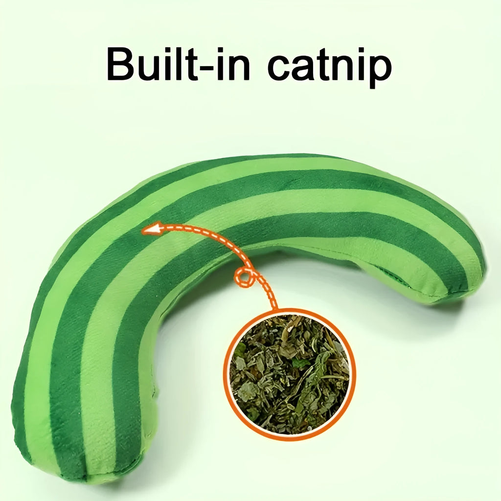 Striped pattern cat pillow toy with built-in catnip in green, rainbow, or yellow colours