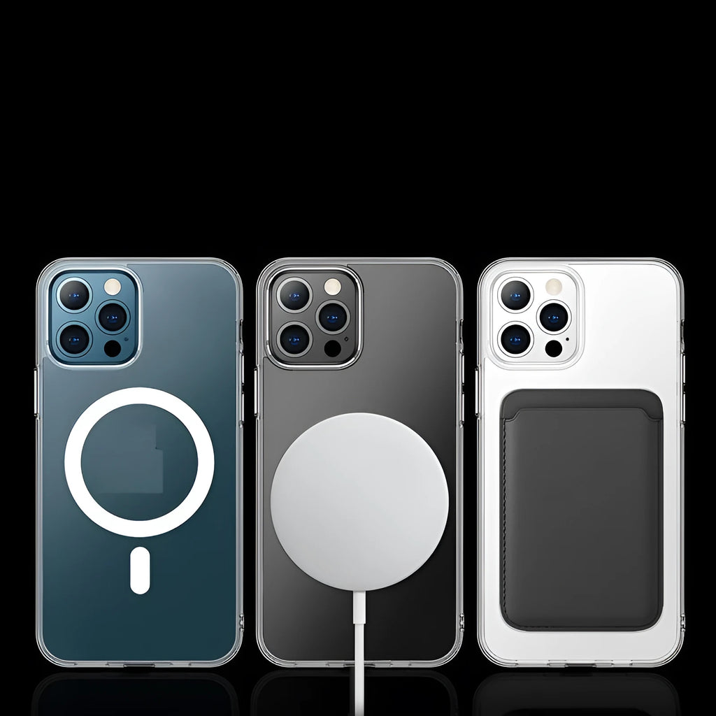 Transparent magnetic back cover case for iPhone showing magnet integration and clear PC material