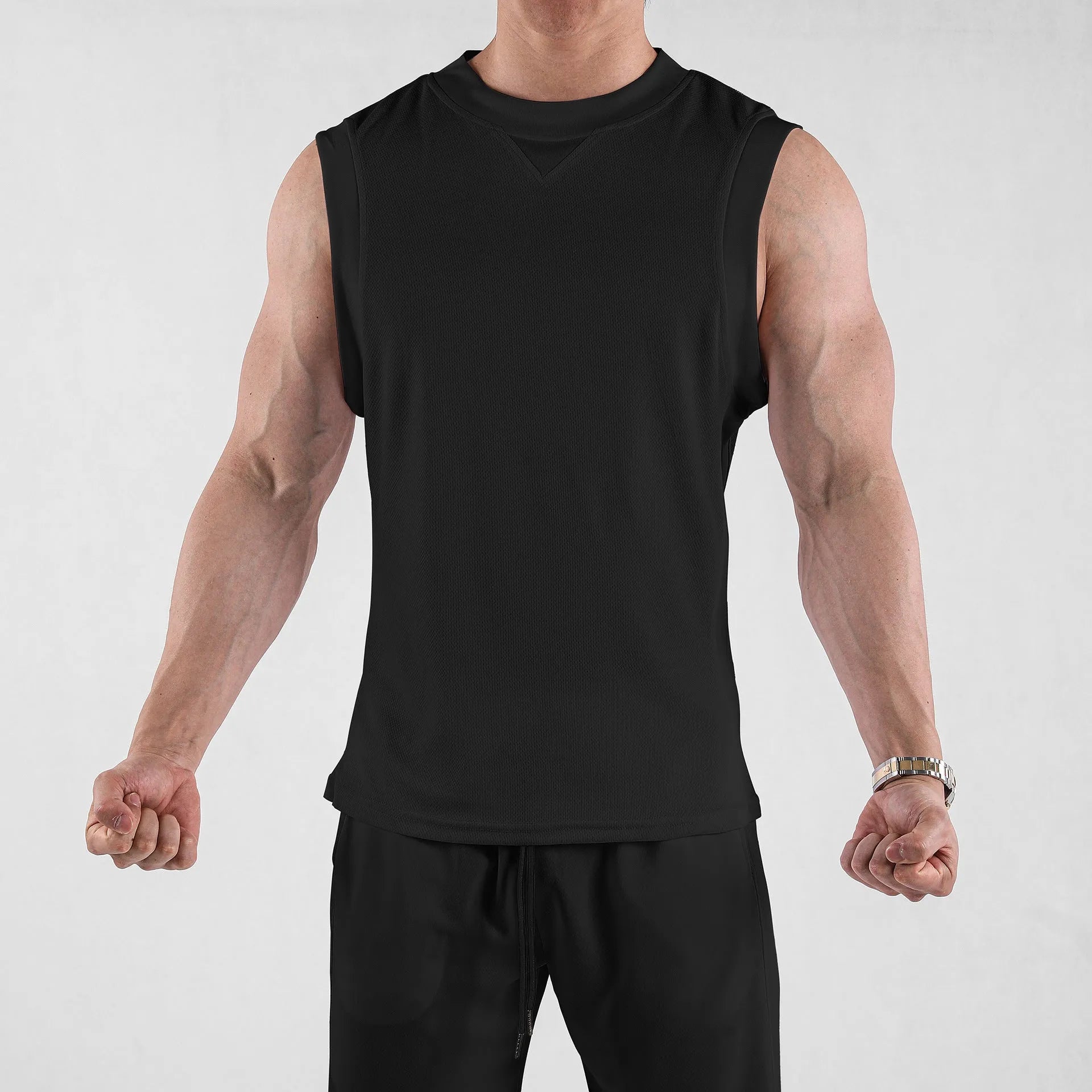 Men's loose black summer fitness vest with quick-dry stretch fabric