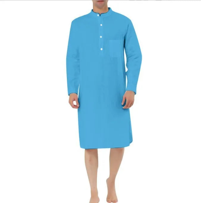 Men's cotton shirt robe with a front button closure and pockets, shown in a light blue colour.