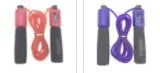 Adjustable skipping rope with blue foam handles and heavy-duty PVC cable on a grey background