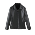Men's solid black PU leather casual jacket with zipper pockets on a model