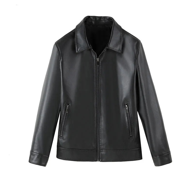 Men's solid black PU leather casual jacket with zipper pockets on a model