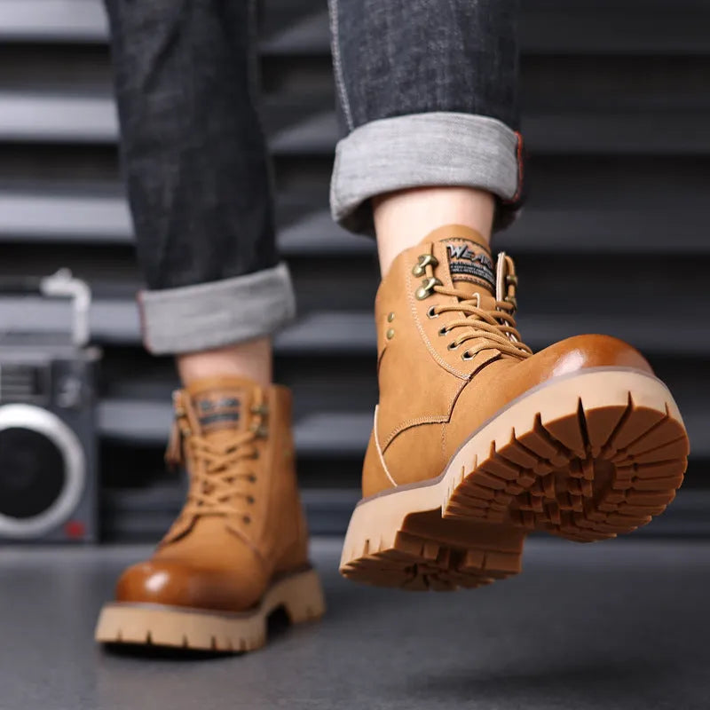 Men's brown leather high-top boots with side zipper and round toe