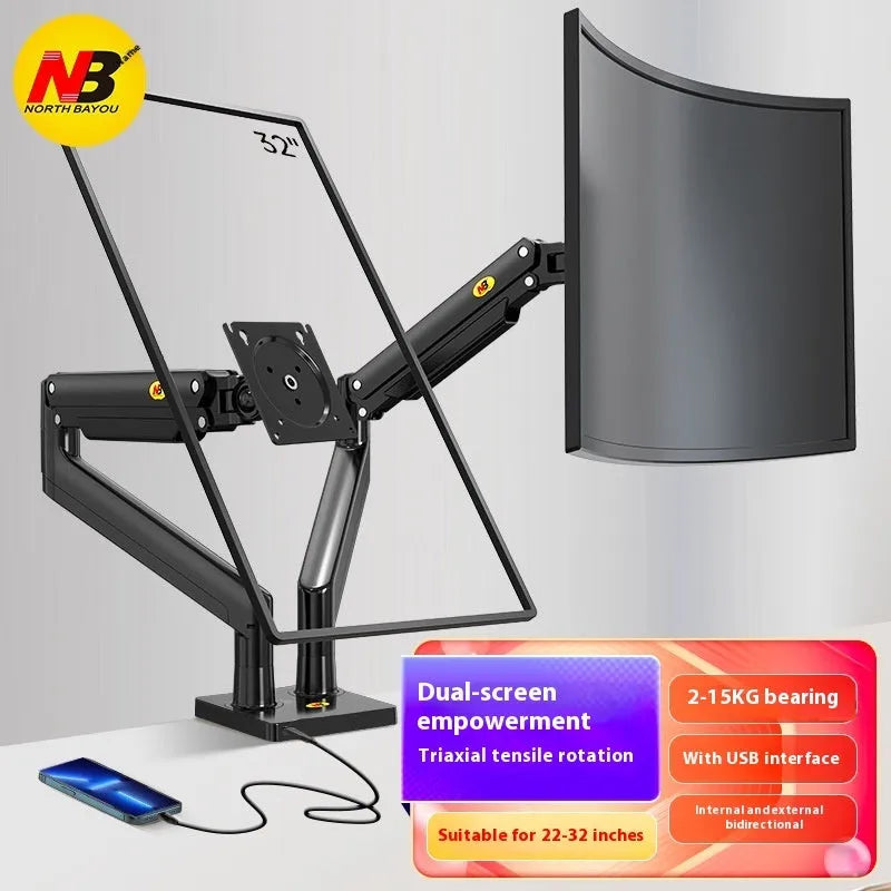 Gun black aluminium alloy dual monitor arm holding two screens on a desktop