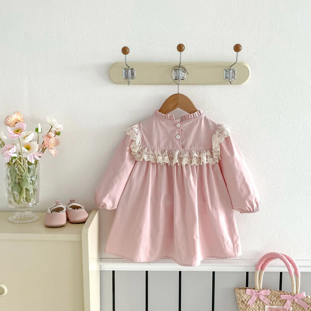 Pure cotton girls' dress in pink with lace stand collar and flower embroidery, long sleeves, princess style
