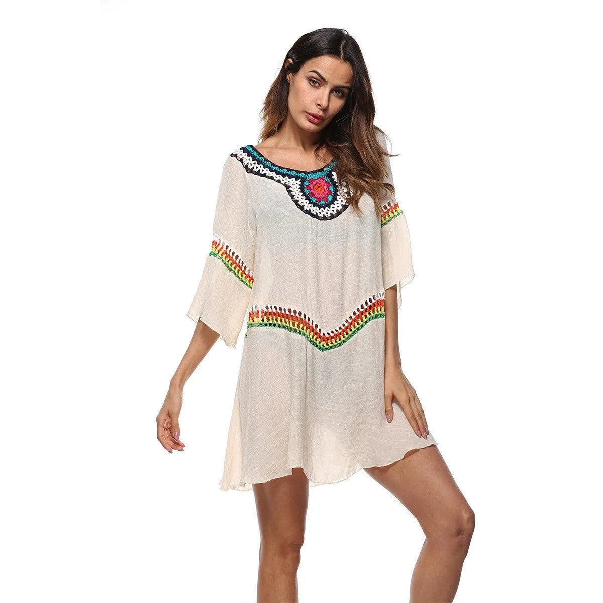 Crocheted ethnic style women's beach clothing in acrylic fabric for sun protection during swimming