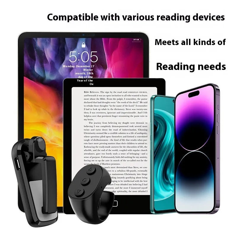 Wireless page turner remote control with clicker for tablets and e-readers in black, white, or pink