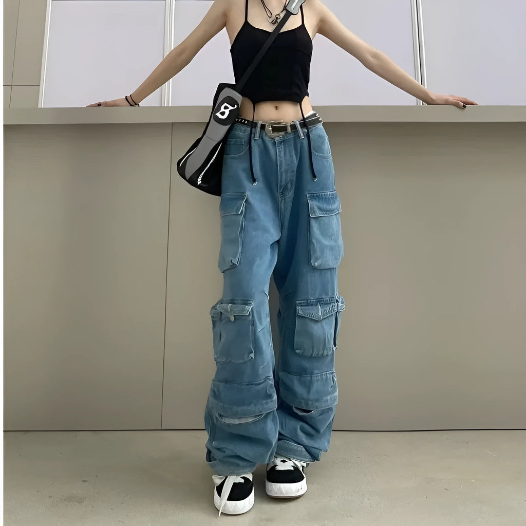 Women's high waist wide leg tie-dyed jeans with multiple pockets in street hipster style