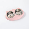 Blue plastic double bowl pet feeder tray with non-slip feet for holding cat or dog food and water dishes.