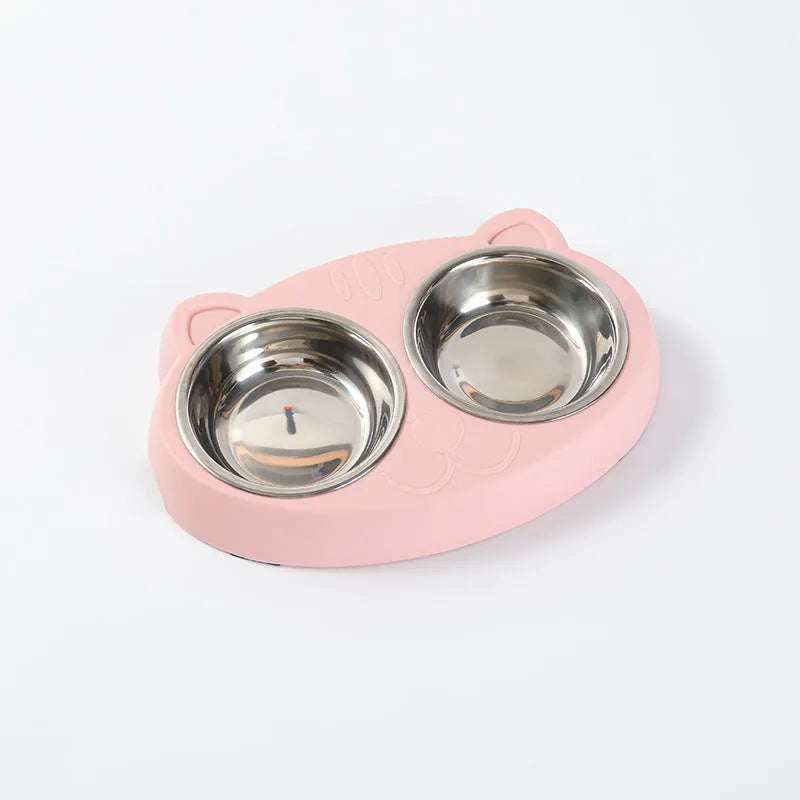 Blue plastic double bowl pet feeder tray with non-slip feet for holding cat or dog food and water dishes.