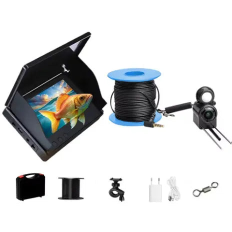 Fish finder underwater camera with 4.3-inch screen showing underwater view, night vision lights, and choice of cable lengths.