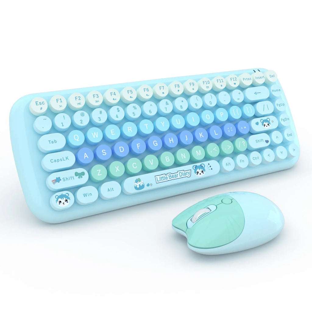 Pink mini wireless keyboard and mouse set with compact design and cartoon aesthetic