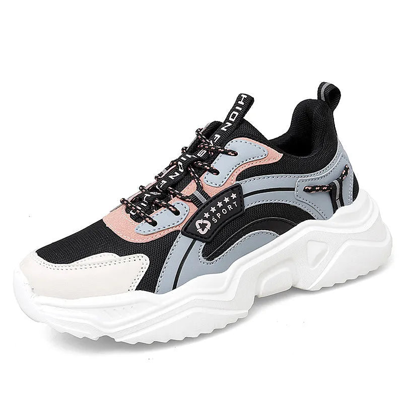White women's casual mesh sports shoes with a buckle and thick sole.