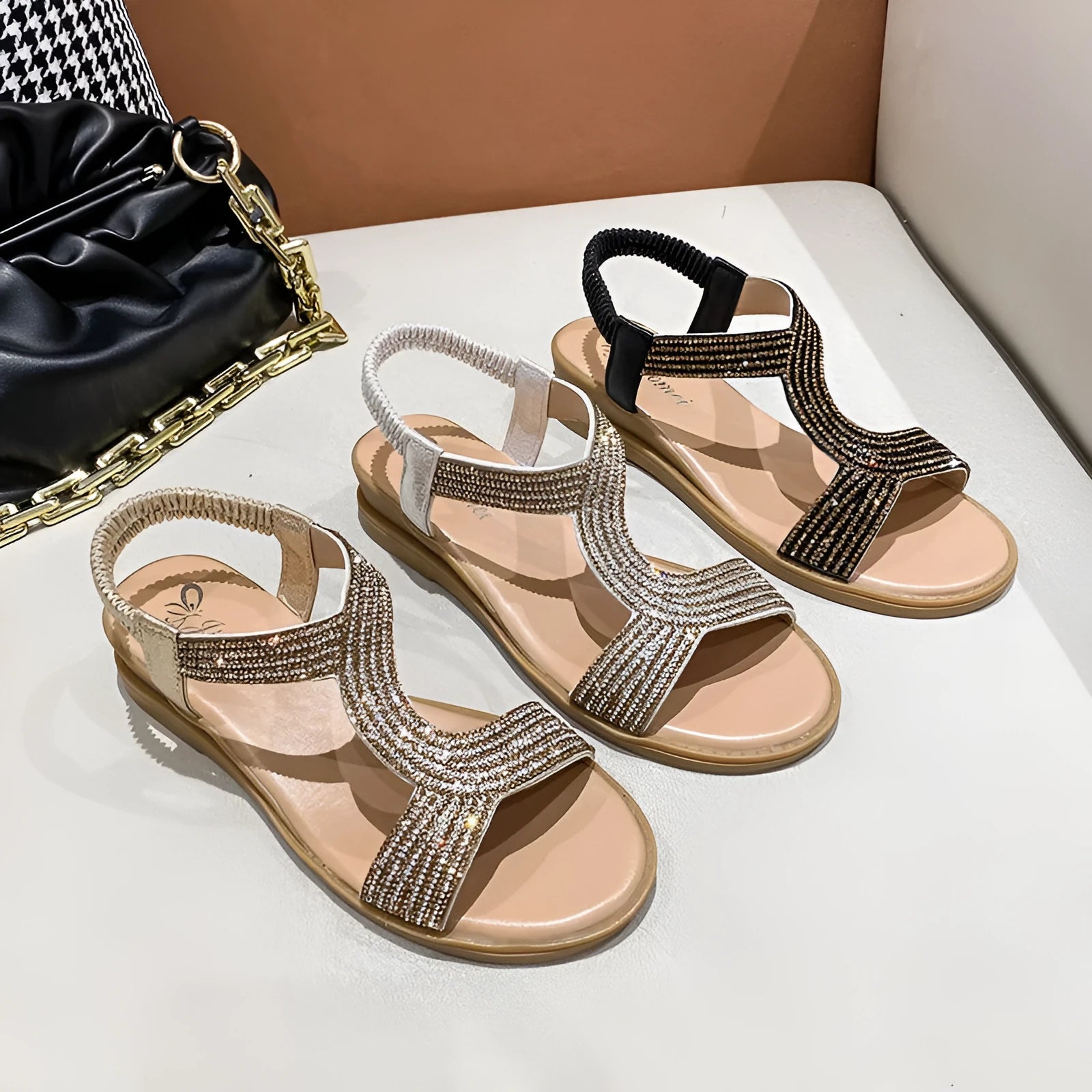 Women's gold beach sandals with rhinestones and round toe, non-slip sole