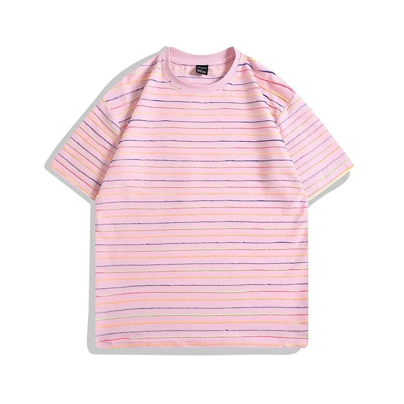 A striped, loose-fitting couple's T-shirt with a round neck and short sleeves, shown in various colours.