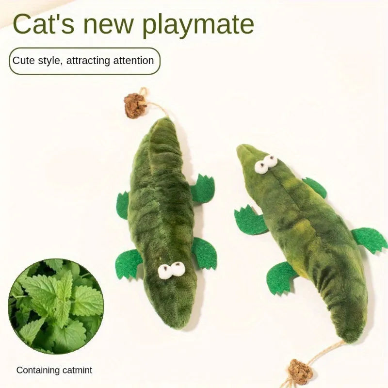 Green plush alligator cat toy with plant-based catnip and peppermint scent for oral cleansing and stress relief
