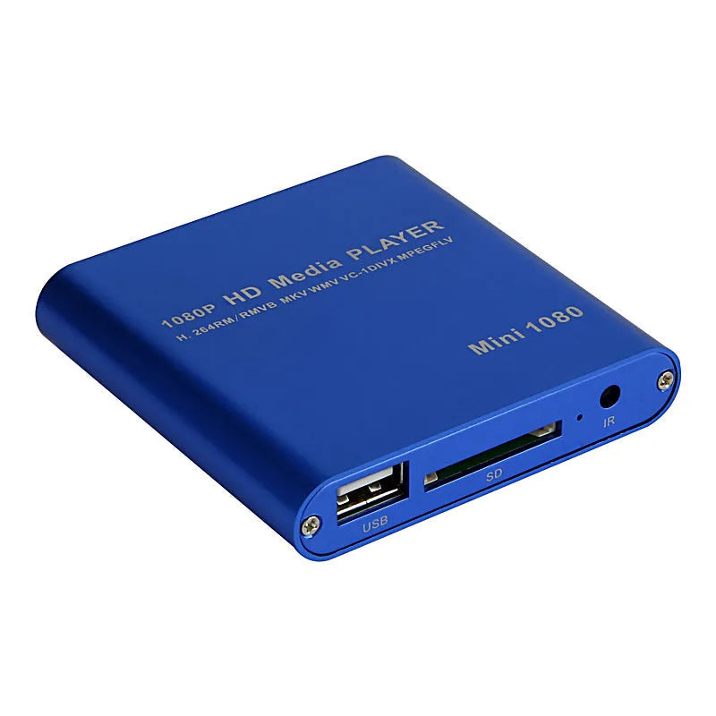 Compact black 1080p Full HD media player with HDMI port and remote control