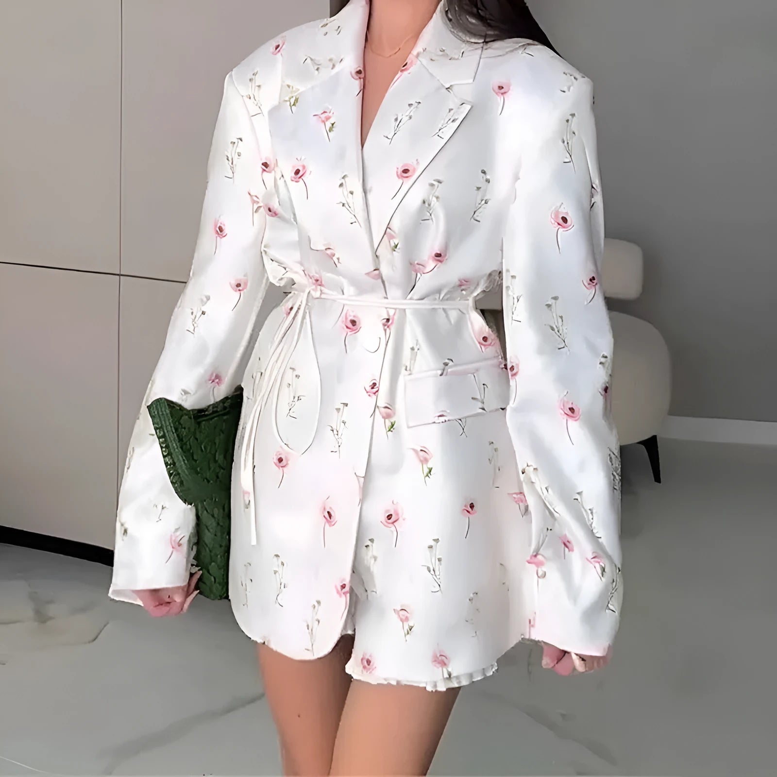 Collar lace-up waist-tight suit jacket in a choice of colours on a model.