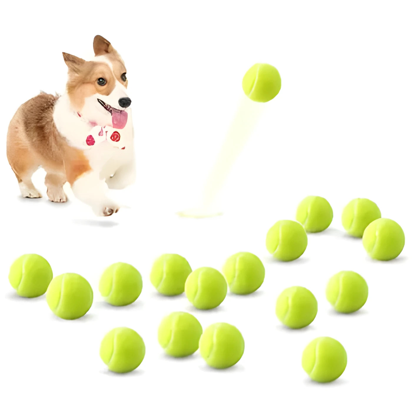 Rubber dog tennis ball toy in bright colours showing 6.3cm diameter size