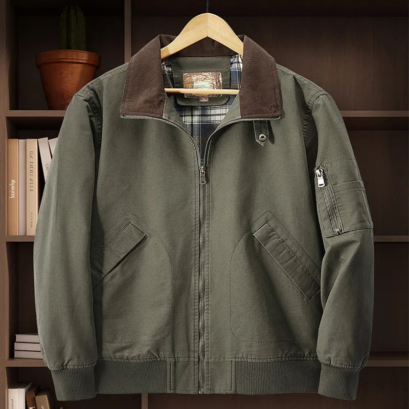 Men's casual washed cotton flight jacket in army green colour