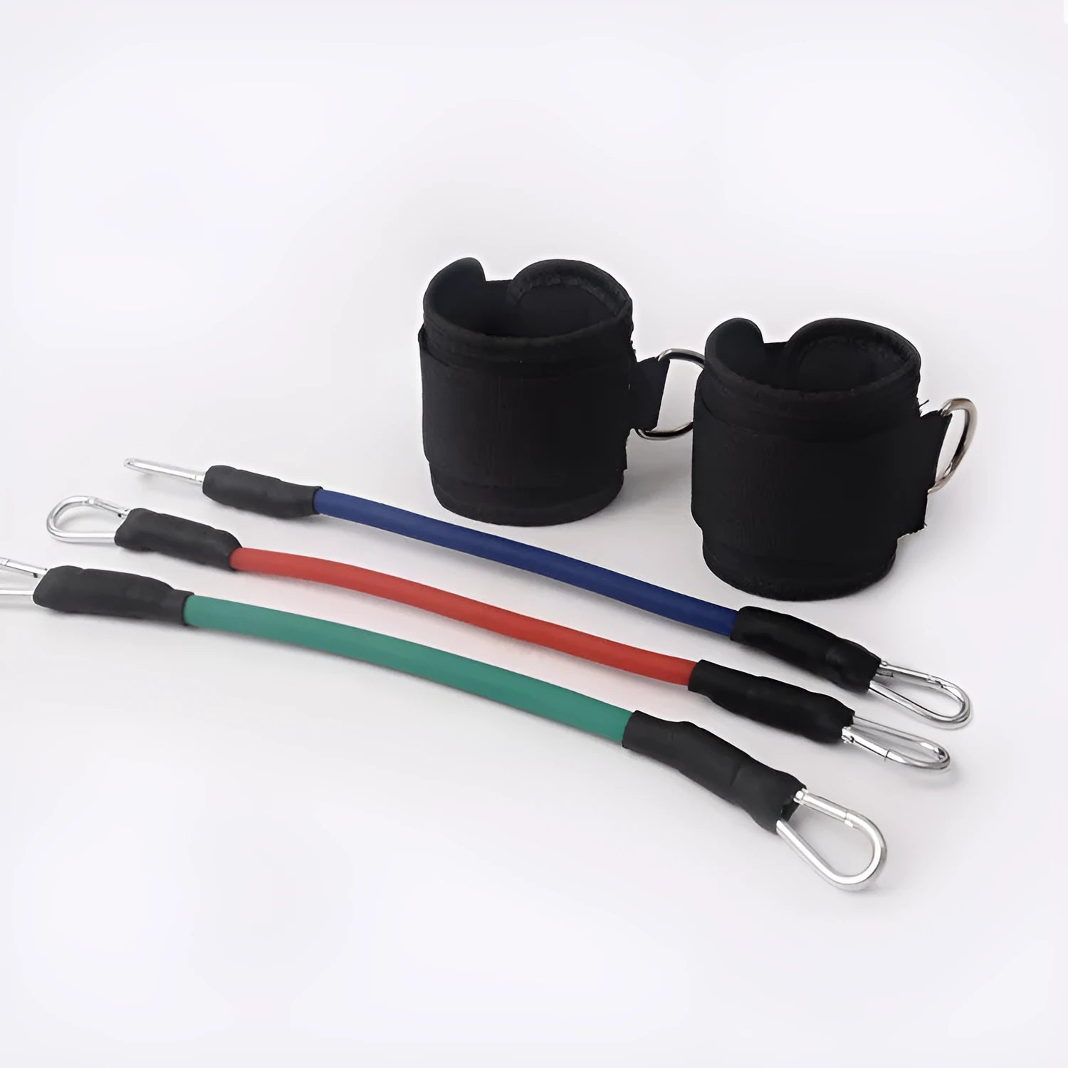 Black taekwondo leg training pull rope set with elastic resistance and PVC handles.