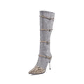 Women's black knee-high boots with thin high heels and velvet interior, showing 33cm shaft height