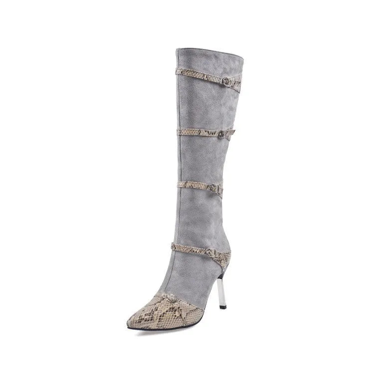 Women's black knee-high boots with thin high heels and velvet interior, showing 33cm shaft height