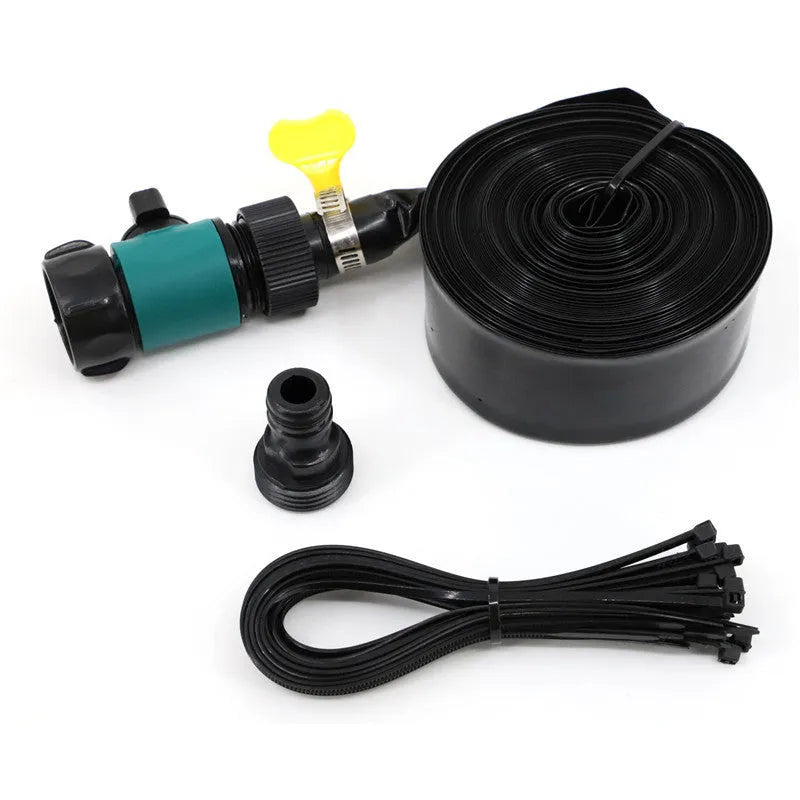 Blue and orange portable PVC garden sprinkler with solar water cooling system on a lawn.