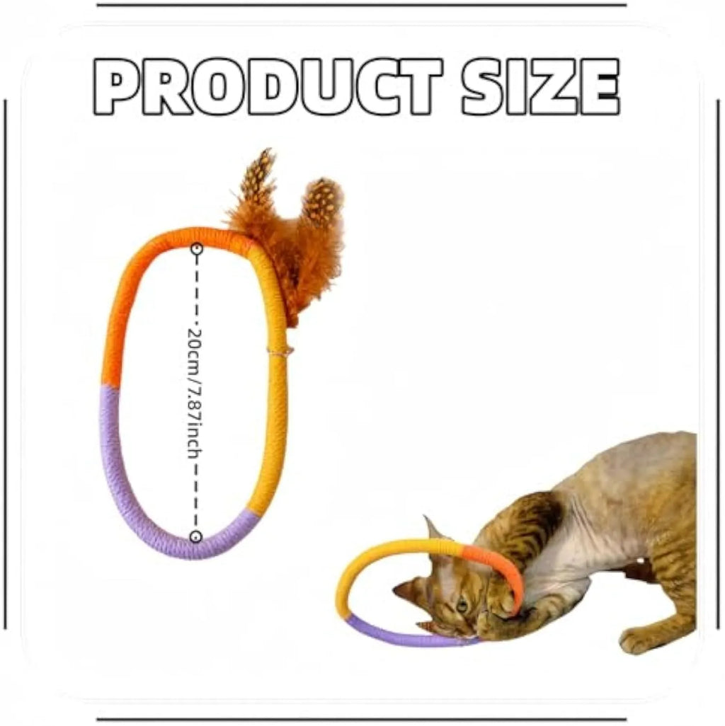 Circular green cotton rope cat toy with feathers and catnip for chewing and interactive play