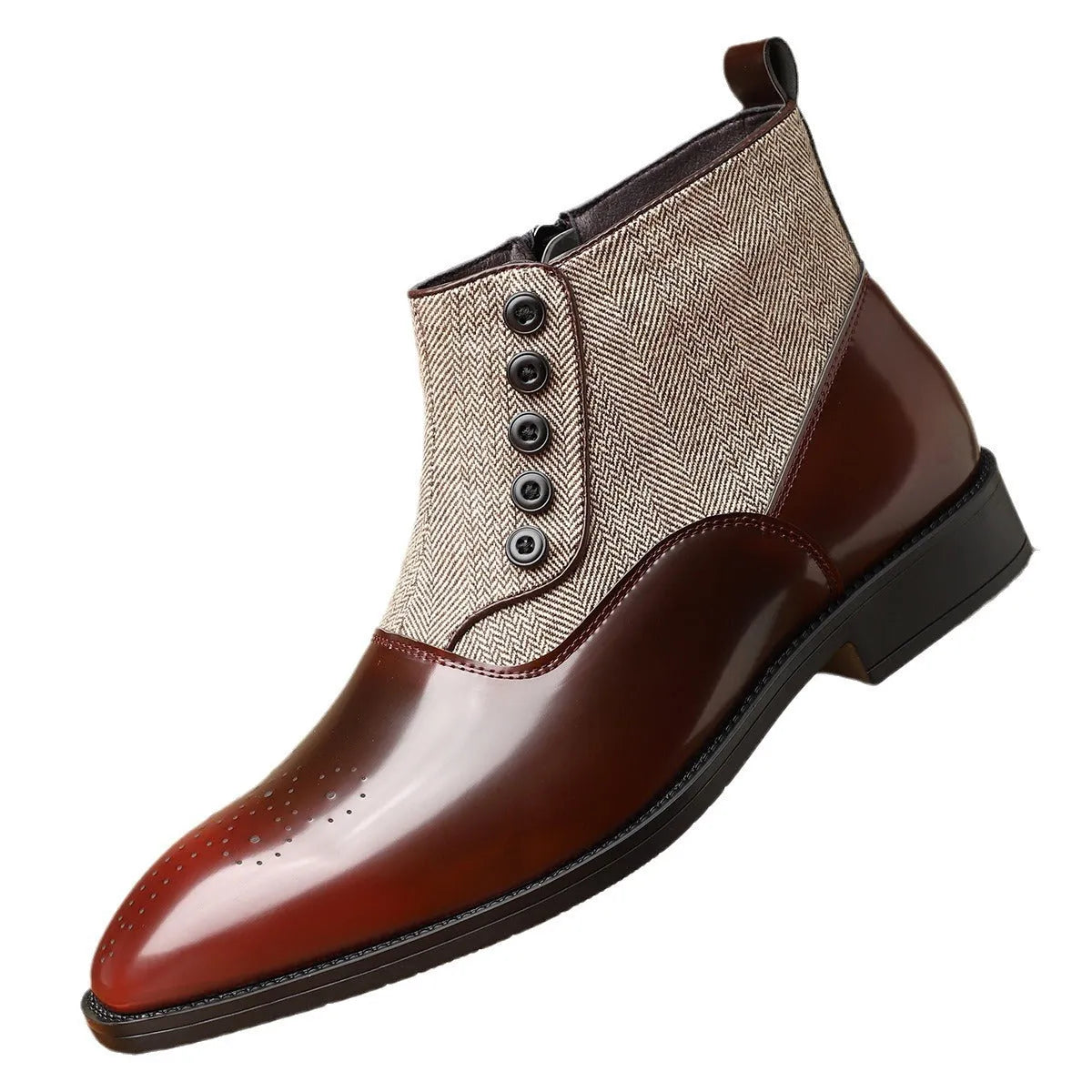 Men's brown retro business shoes with square toe and side zipper