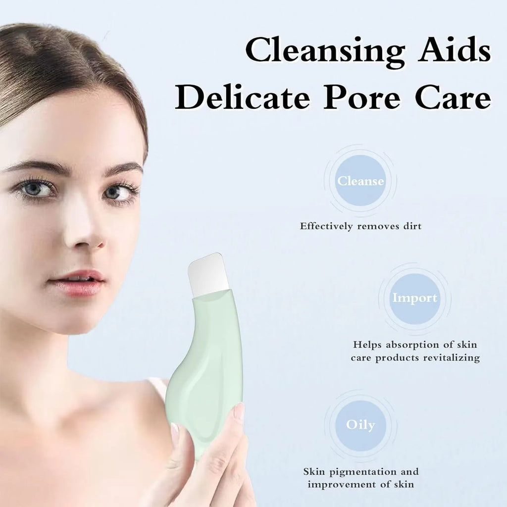 Stainless steel blackhead scraper and green silicone face spatula skin care tool.