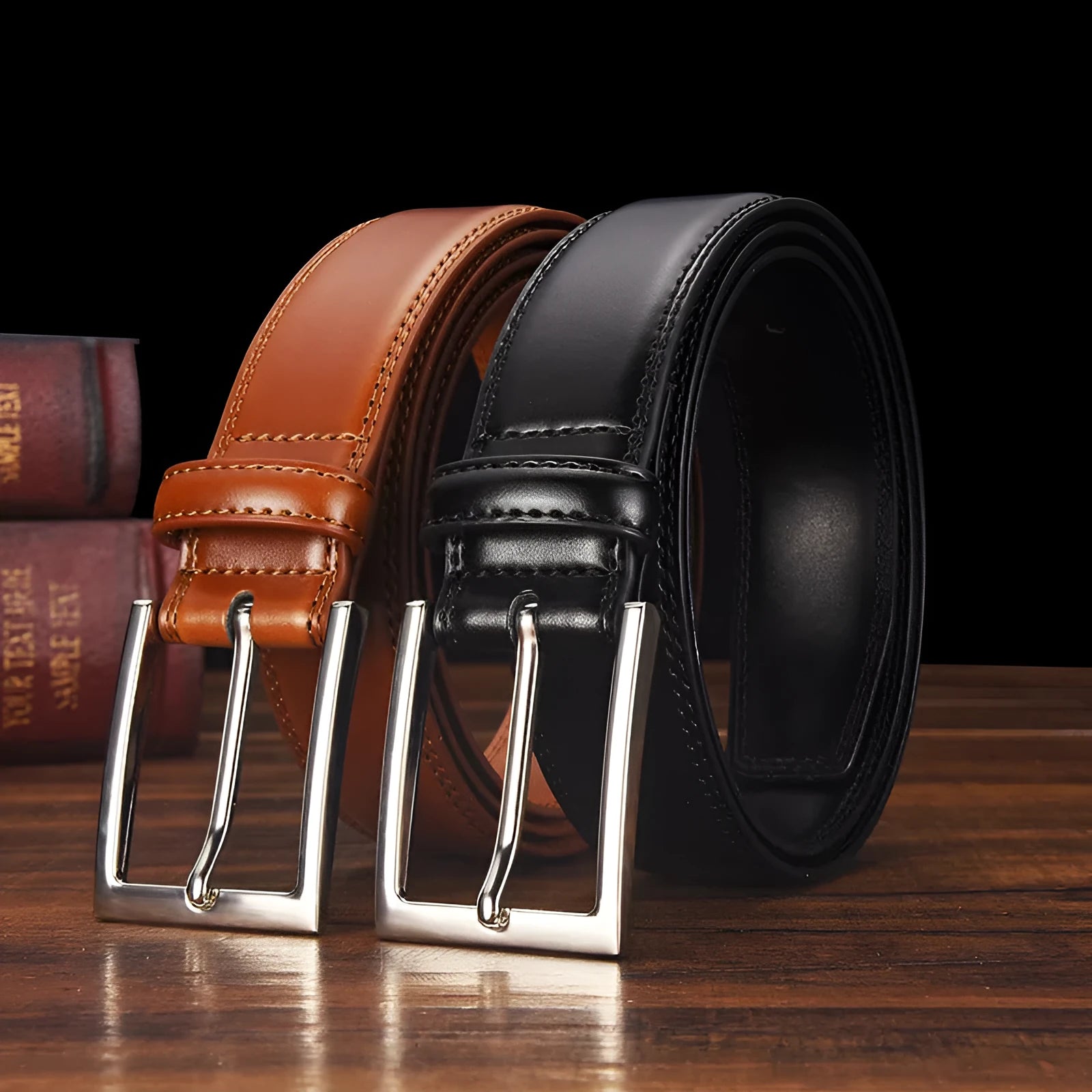 Men's black genuine leather belt with a silver alloy pin buckle shown on a flat surface