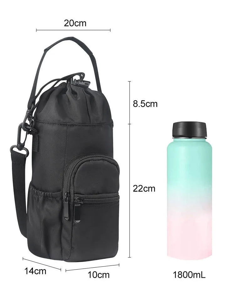 Cloth water bottle shoulder bag with adjustable crossbody strap in black, green, or pink
