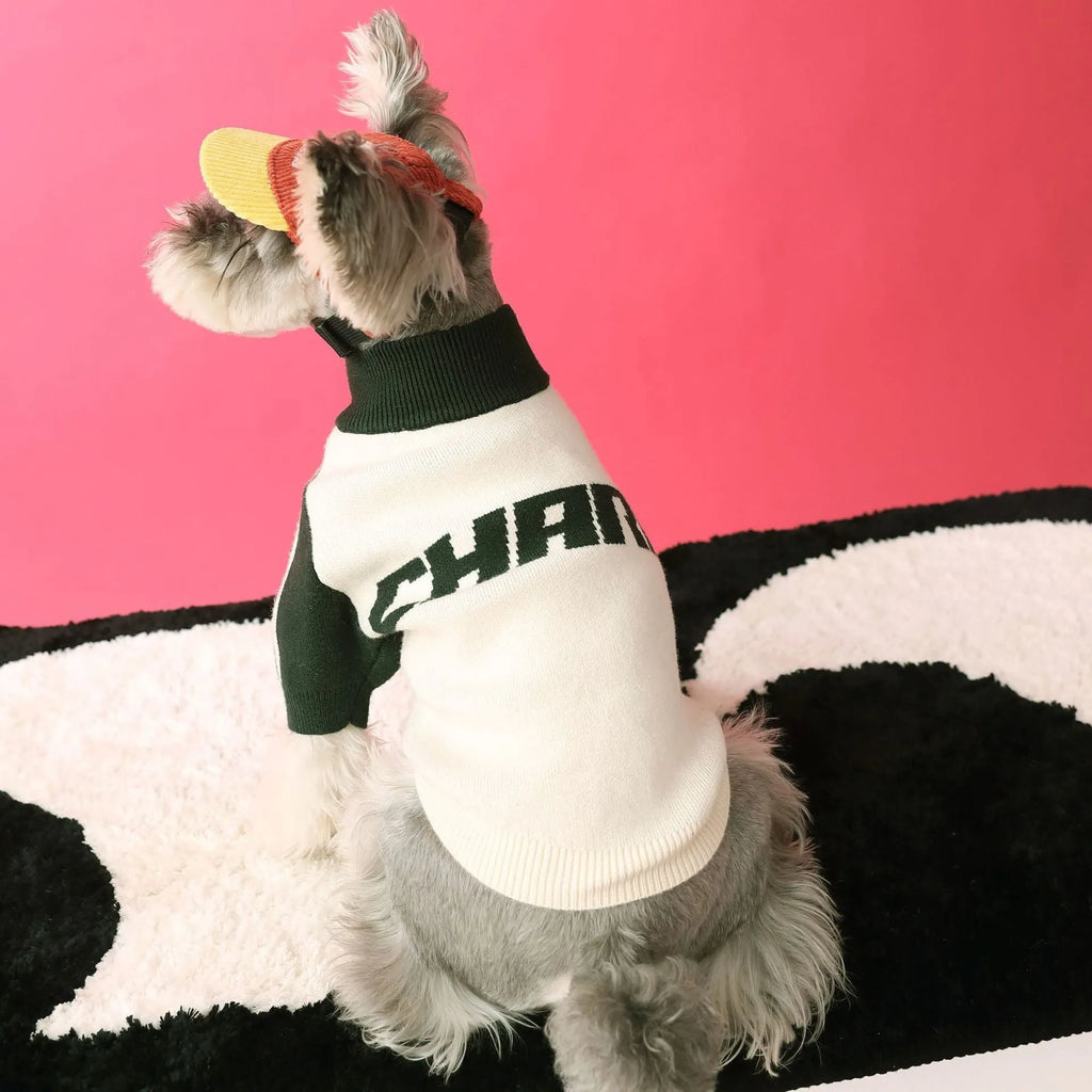 Red wool sports cardigan sweater for dogs on a pet mannequin showing casual pet clothing design