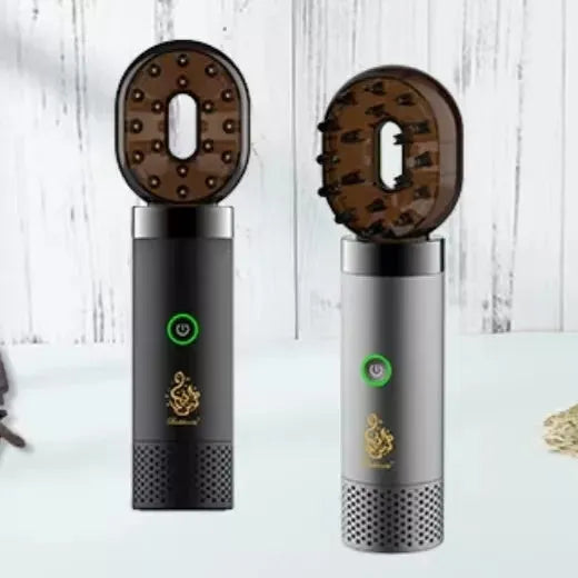 USB rechargeable Middle Eastern comb aromatherapy stove in silver, 14x5x4cm, on a car dashboard