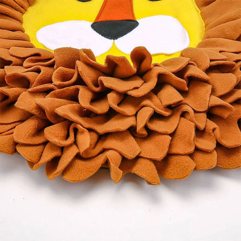 Brown Lion Sniffing Pad for dogs and cats with pockets for food hiding games.
