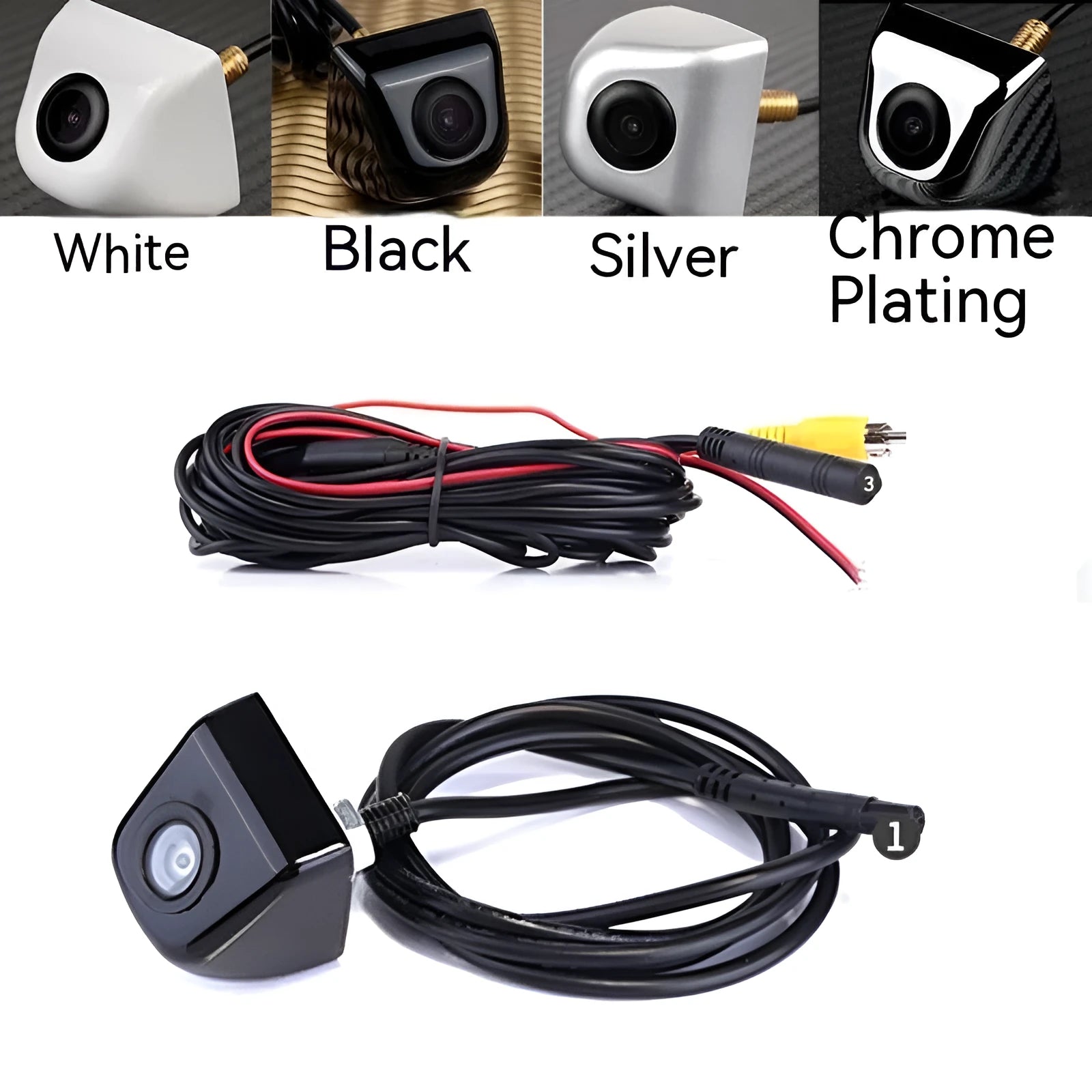 HD waterproof metal car rearview camera for night vision in black, silver, white, and chrome finishes.
