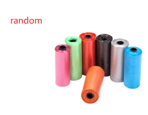 Set of five coloured dog waste poop bags showing black, blue, red, green, pink, and purple options.