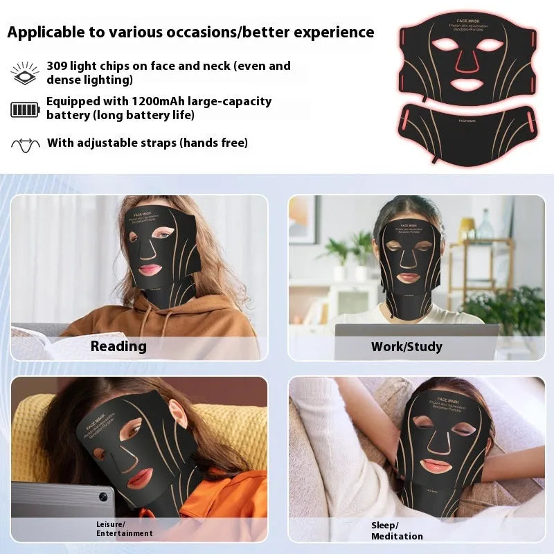 Black and gold LED facial beauty mask with headband and touch screen controls.