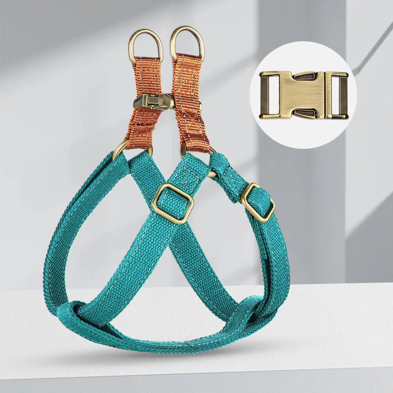 Brown vest-style anti-loss dog leash with cotton belt and nylon lead attached via alloy fastener