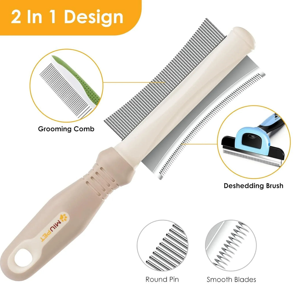 White double-sided pet brush with a curved comb on one end and a deshedding brush on the other, with a comfort-grip handle.