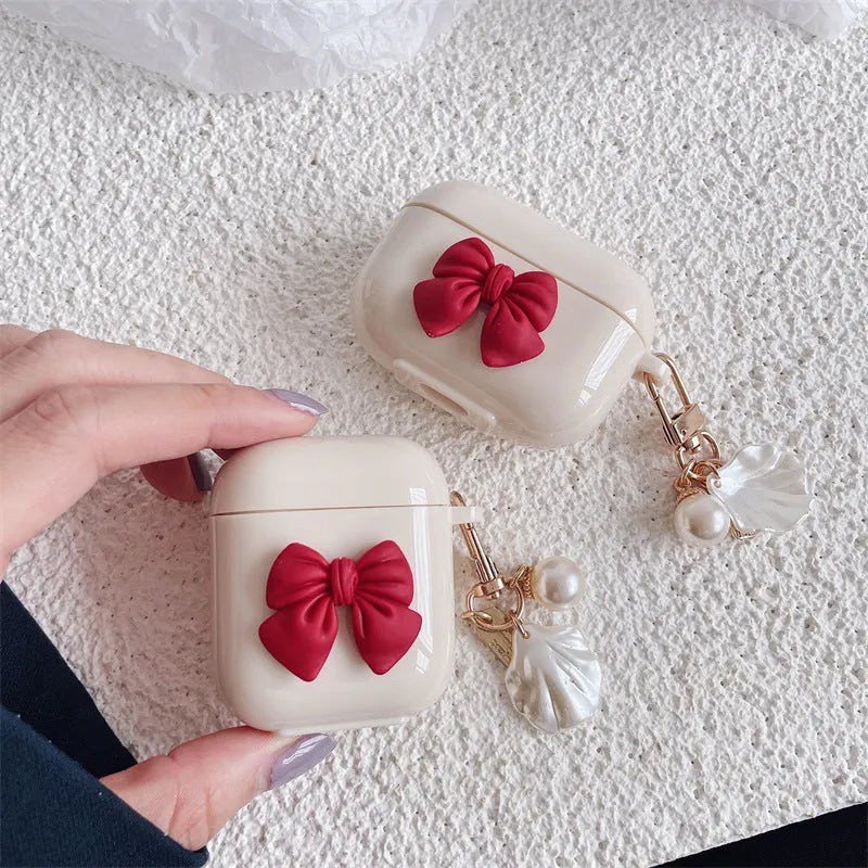 Beige red bow shell TPU protective case for AirPods Pro wireless earphones with clamshell opening