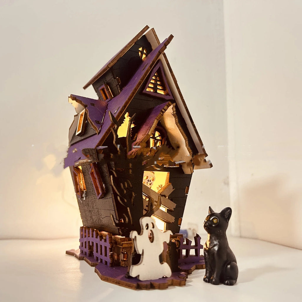 DIY wooden glowing haunted house Halloween decoration with candlestick holder, shown at 14x10.5x19cm size.