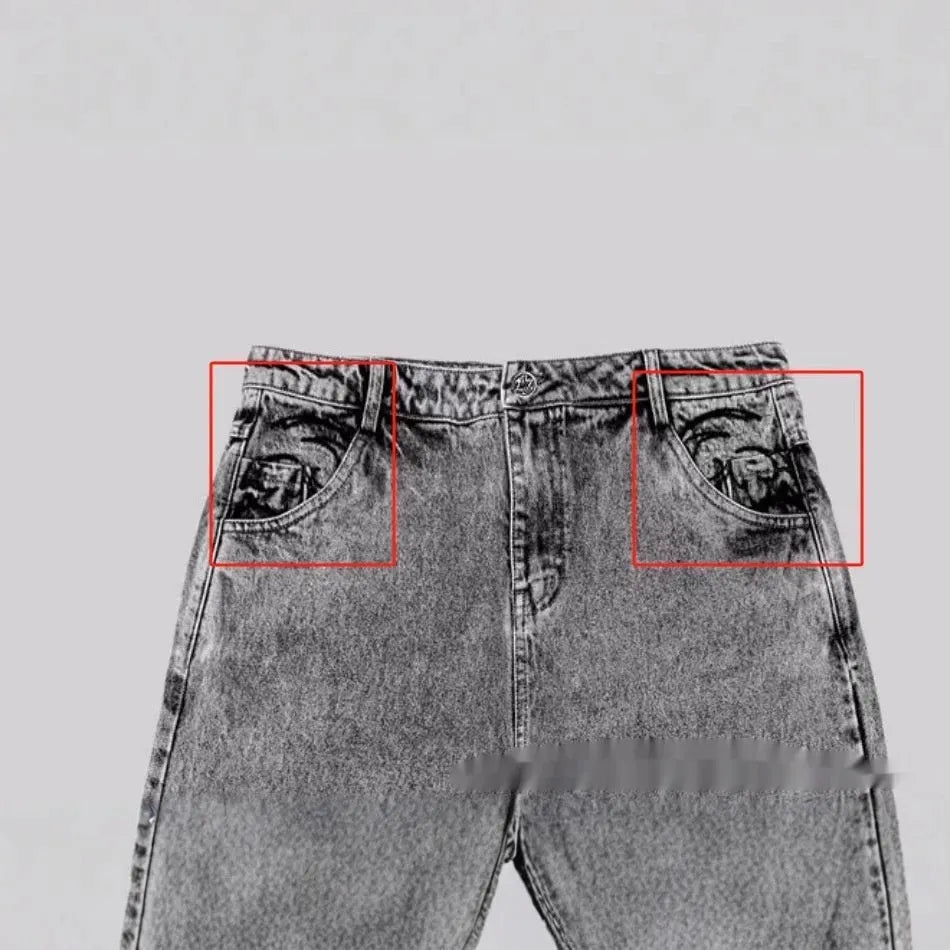 Grey loose fit straight-leg denim trousers for men and women on a mid waist
