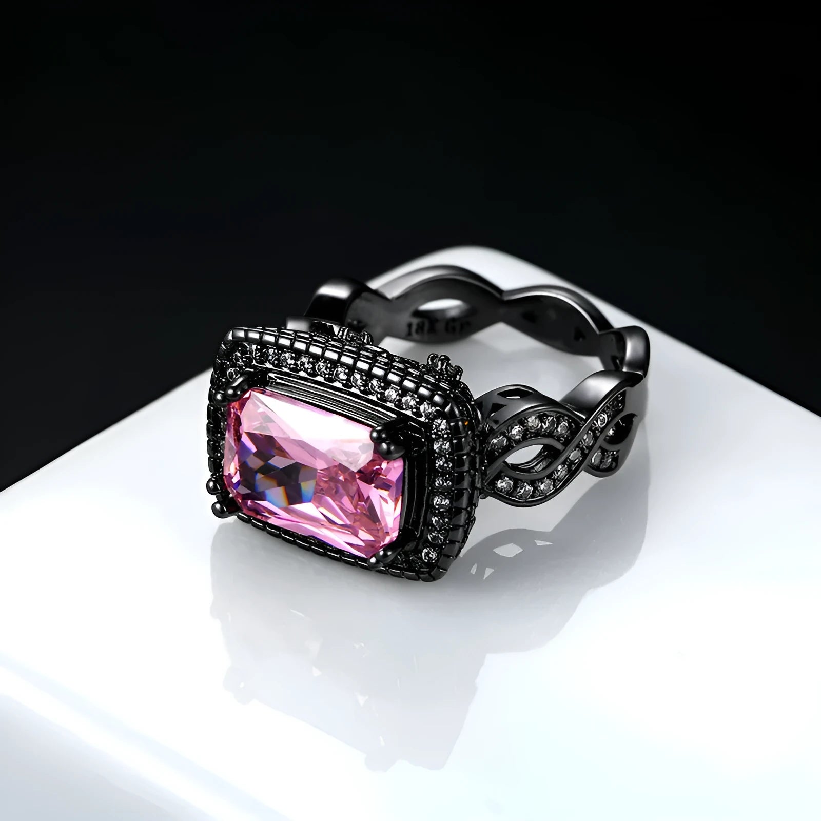 Black gold plated copper ring with pink zircon ball ornament inlay for women