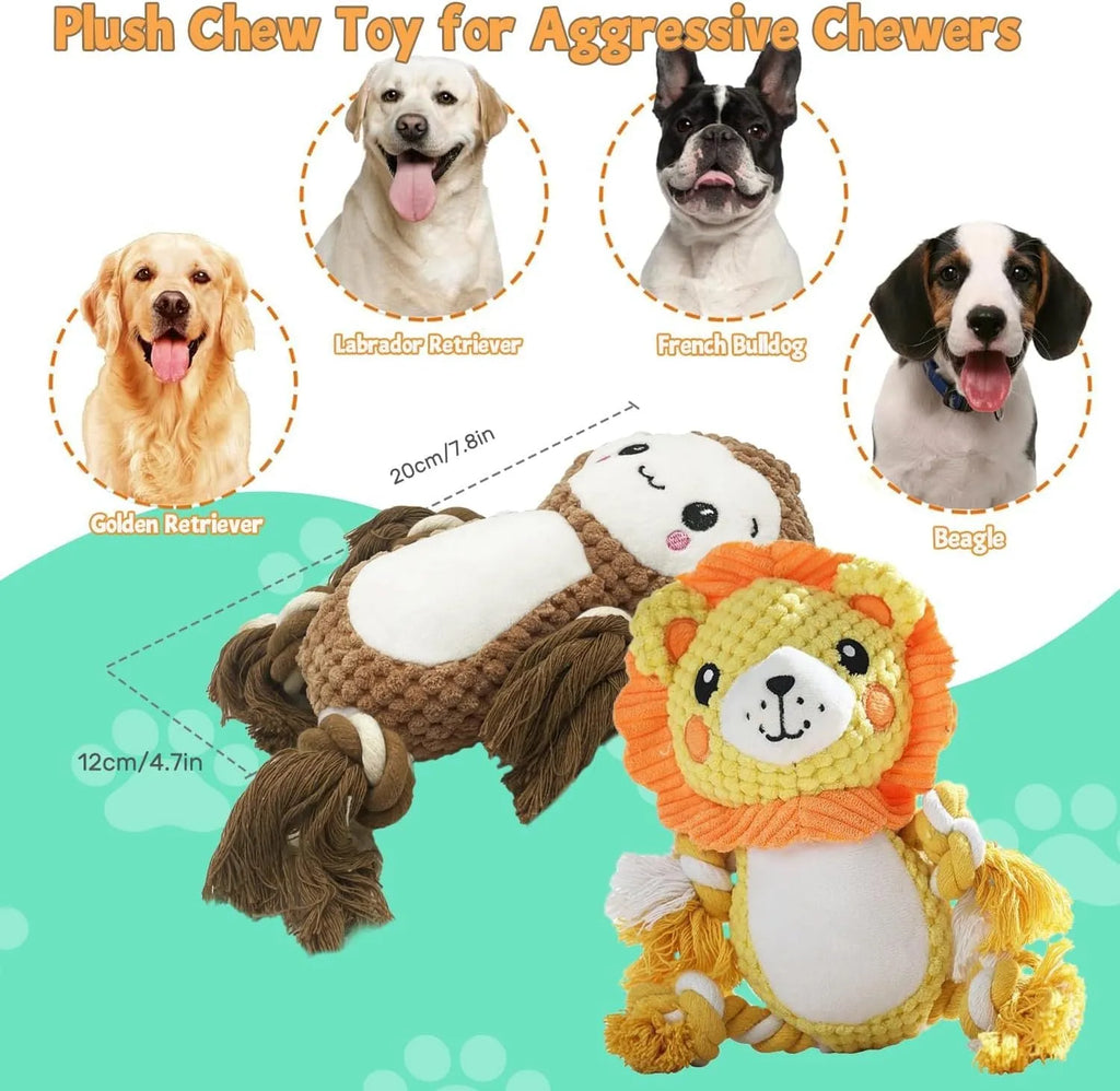 Lion and monkey plush squeaky dog toys bundle for medium and large dogs.