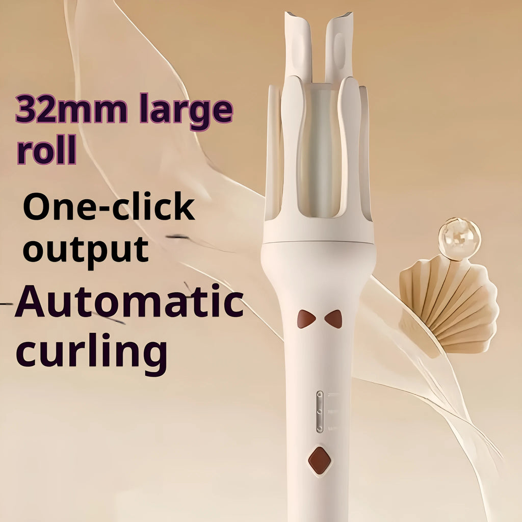 White automatic hair curler with 32mm ceramic barrel and international plug adapters